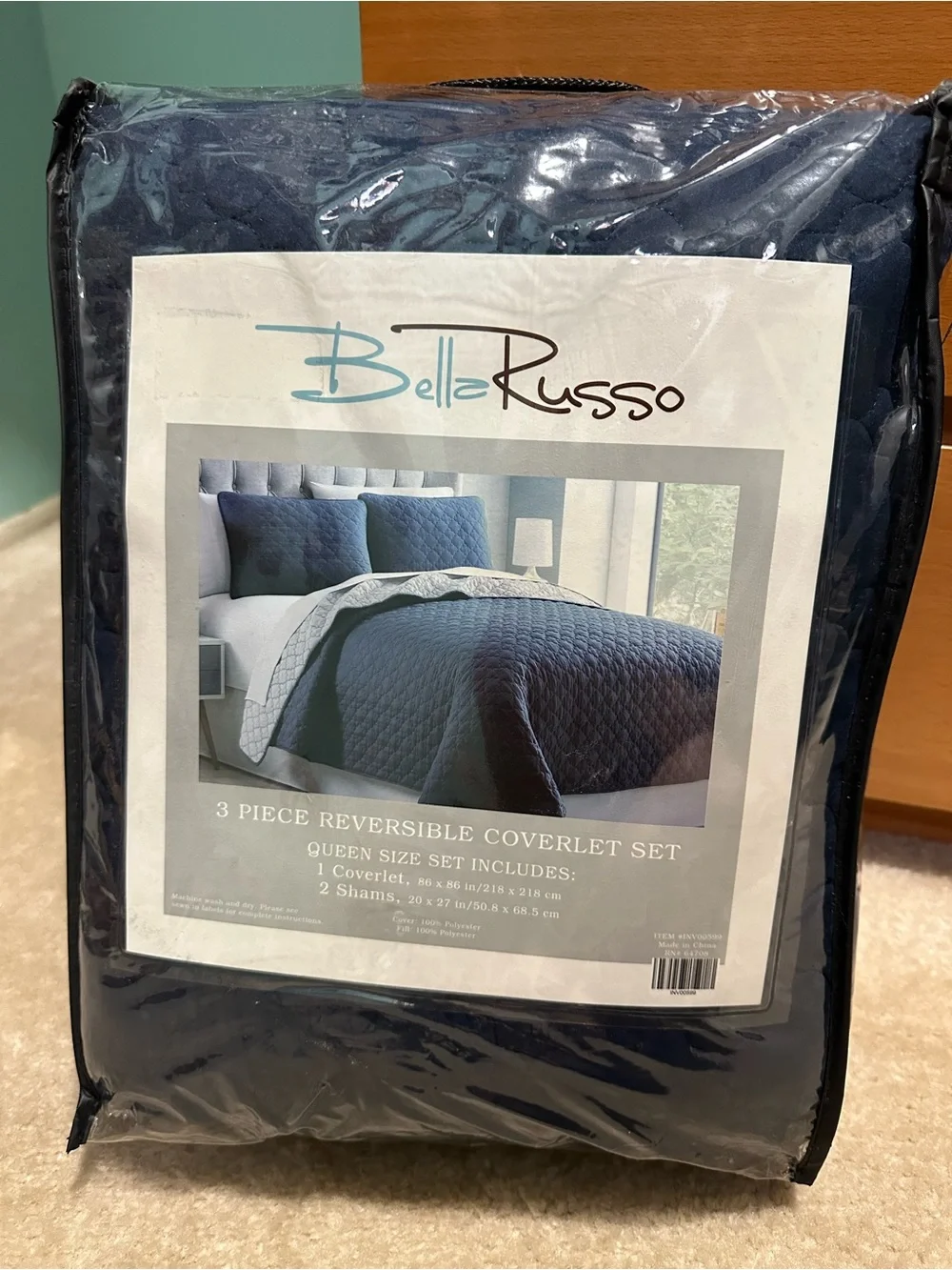Bella Russo 3 Piece Reversible Coverlet Set Queen Navy